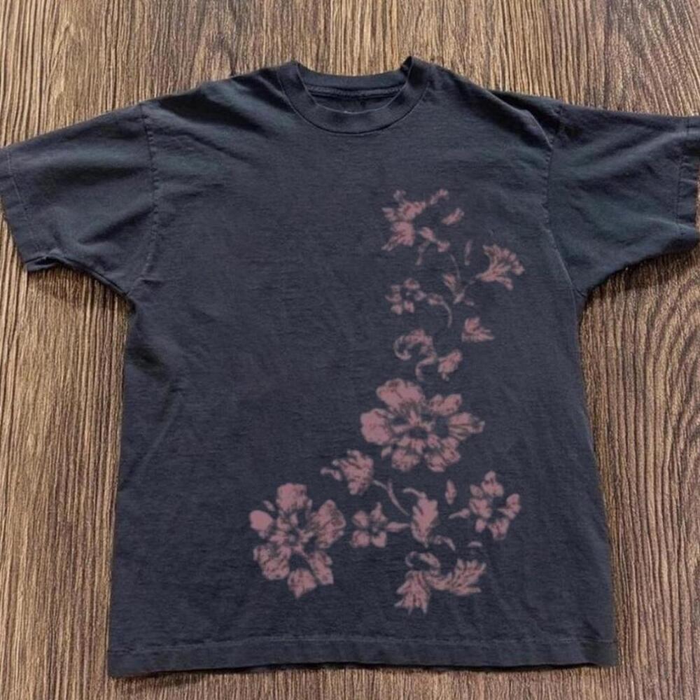 Gildan Black T Shirt Black Floral Graphic Tee